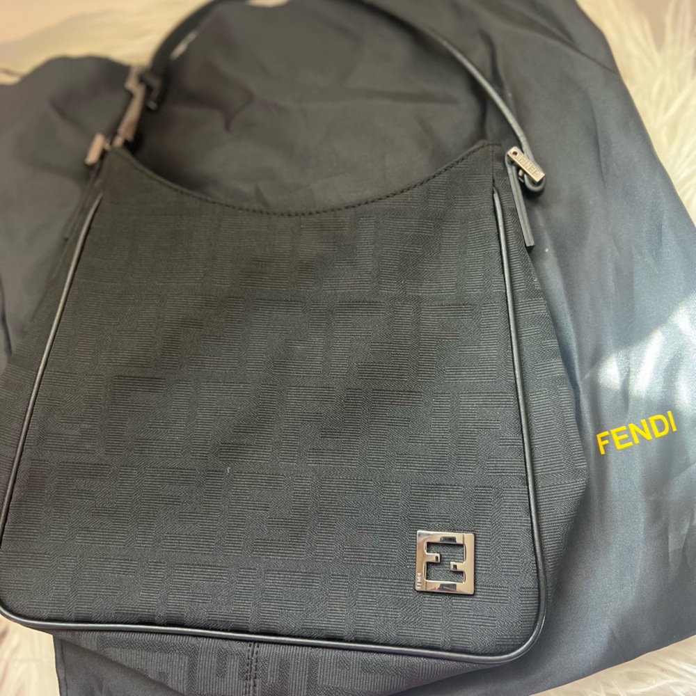 Fendi Black FF Jacquard Shoulder Bag with Metal Logo Plaque